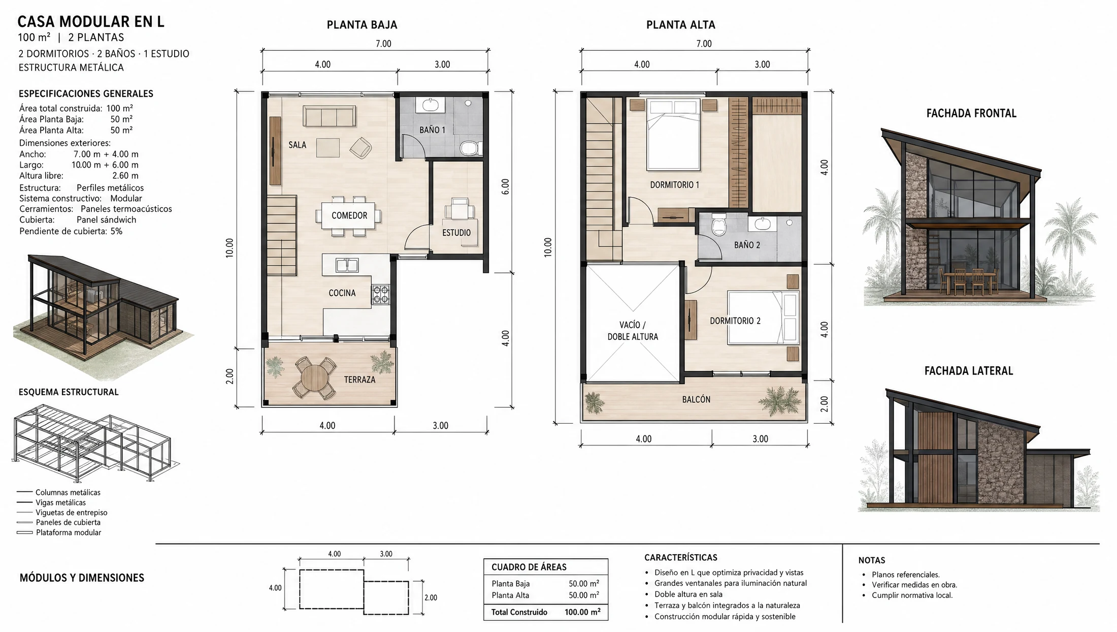 Plano arquitectónico de casa prefabricada en metal de 100 m² — Modular Colombia