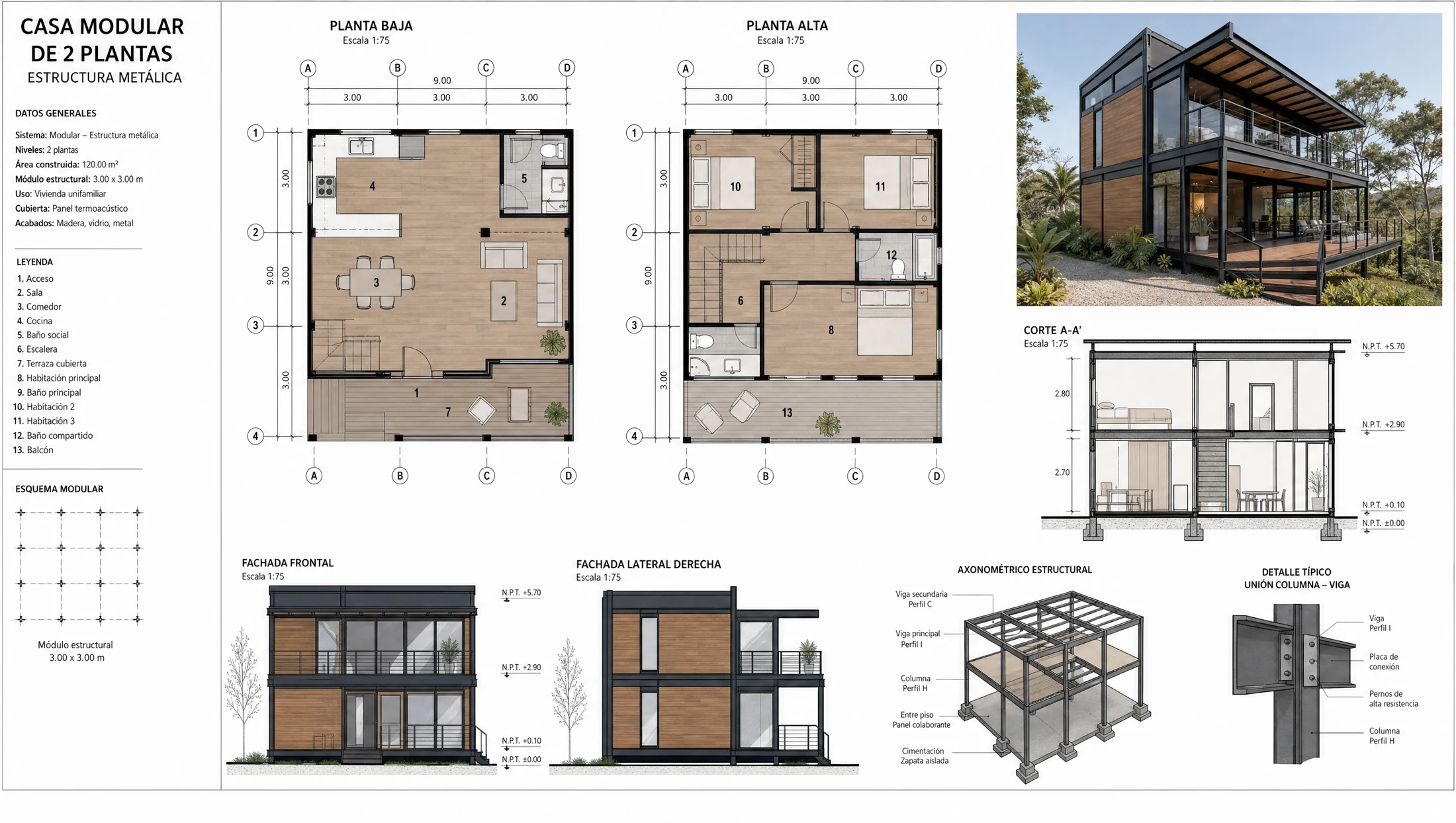 Plano arquitectónico de casa prefabricada en metal de 120 m² — Modular Colombia