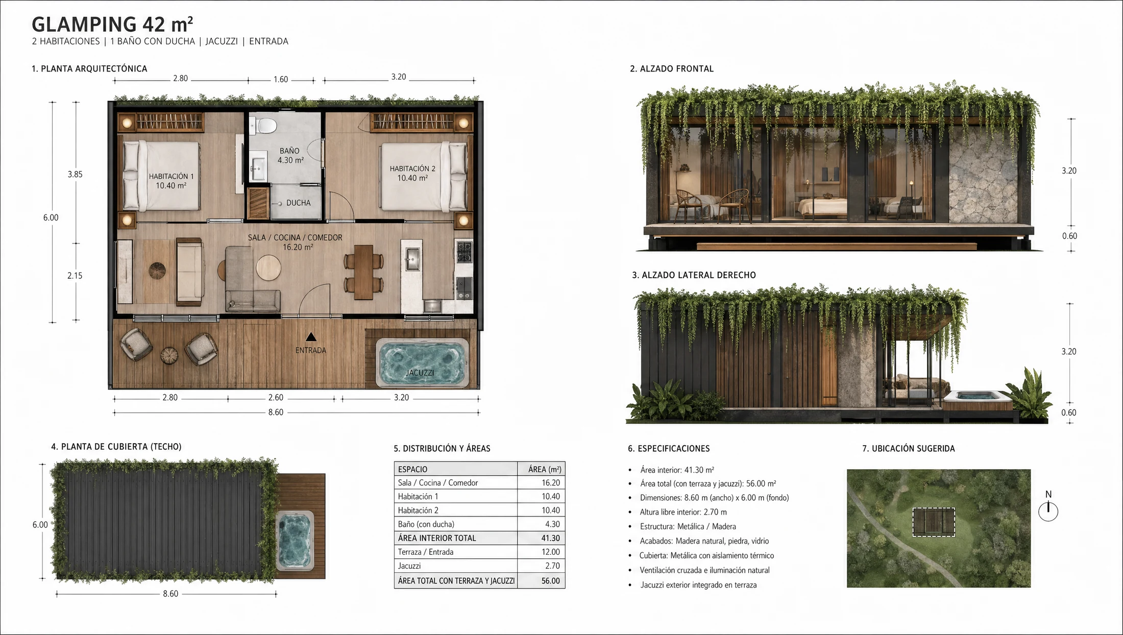 Plano de glamping modular en estructura metálica