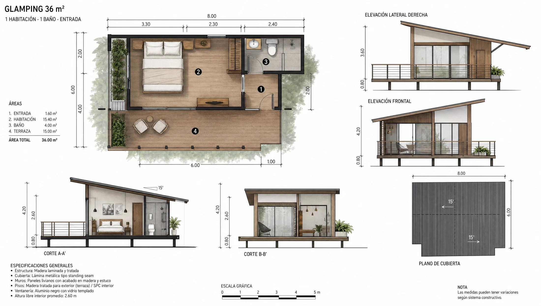 Plano de glamping modular en estructura metálica