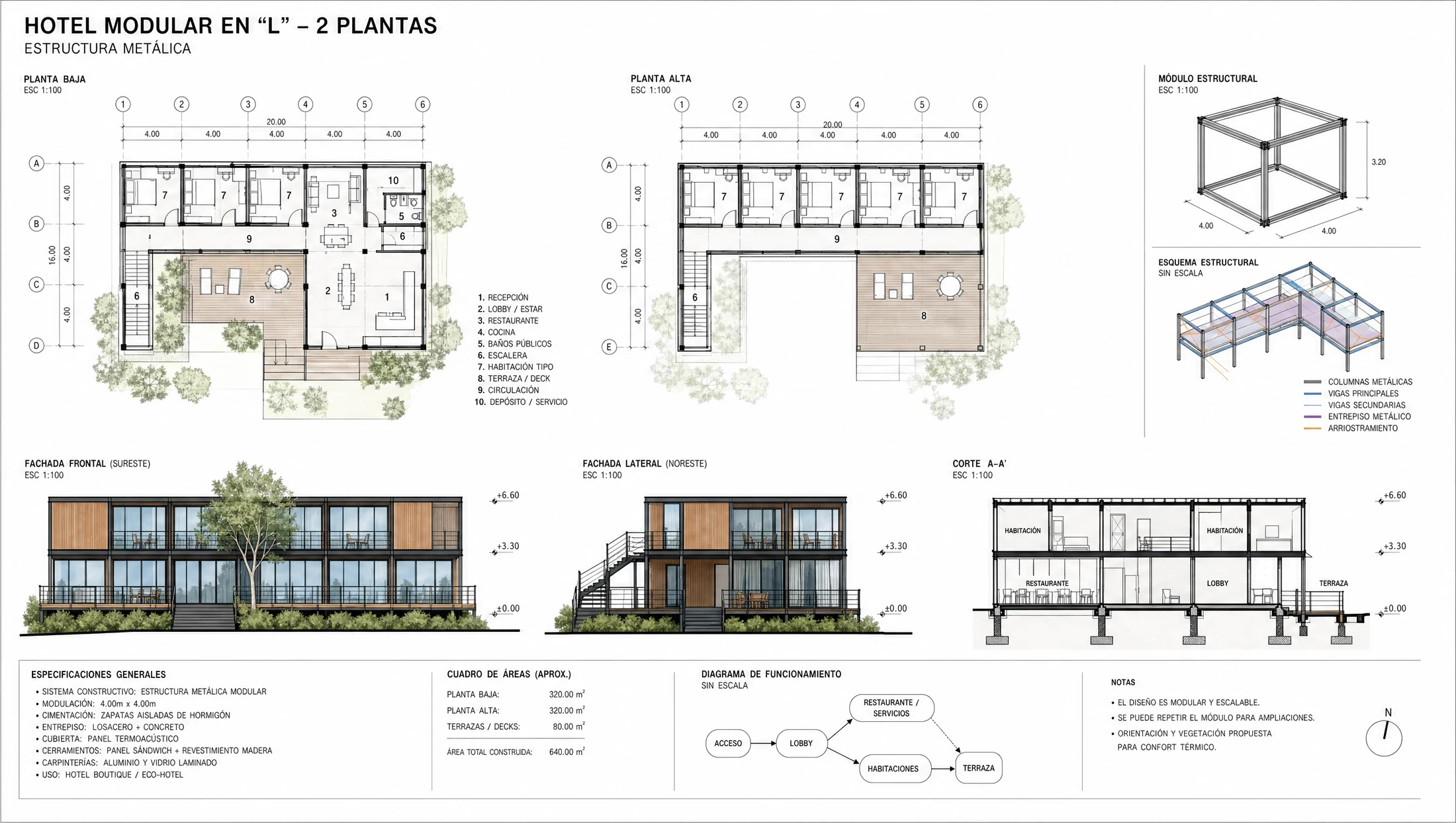 Plano de hotel modular en estructura metálica