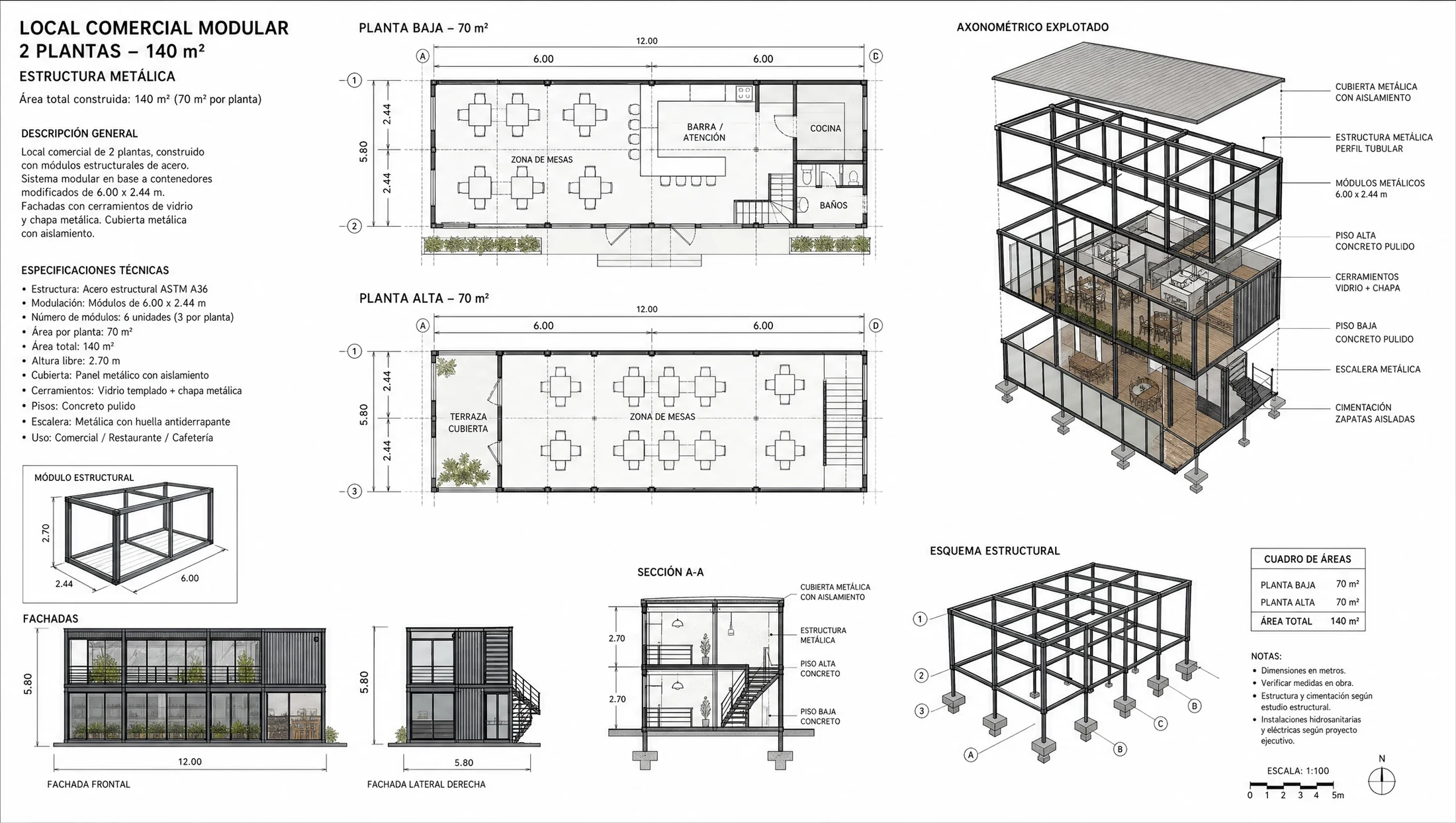 Plano de local comercial modular en metal y en container