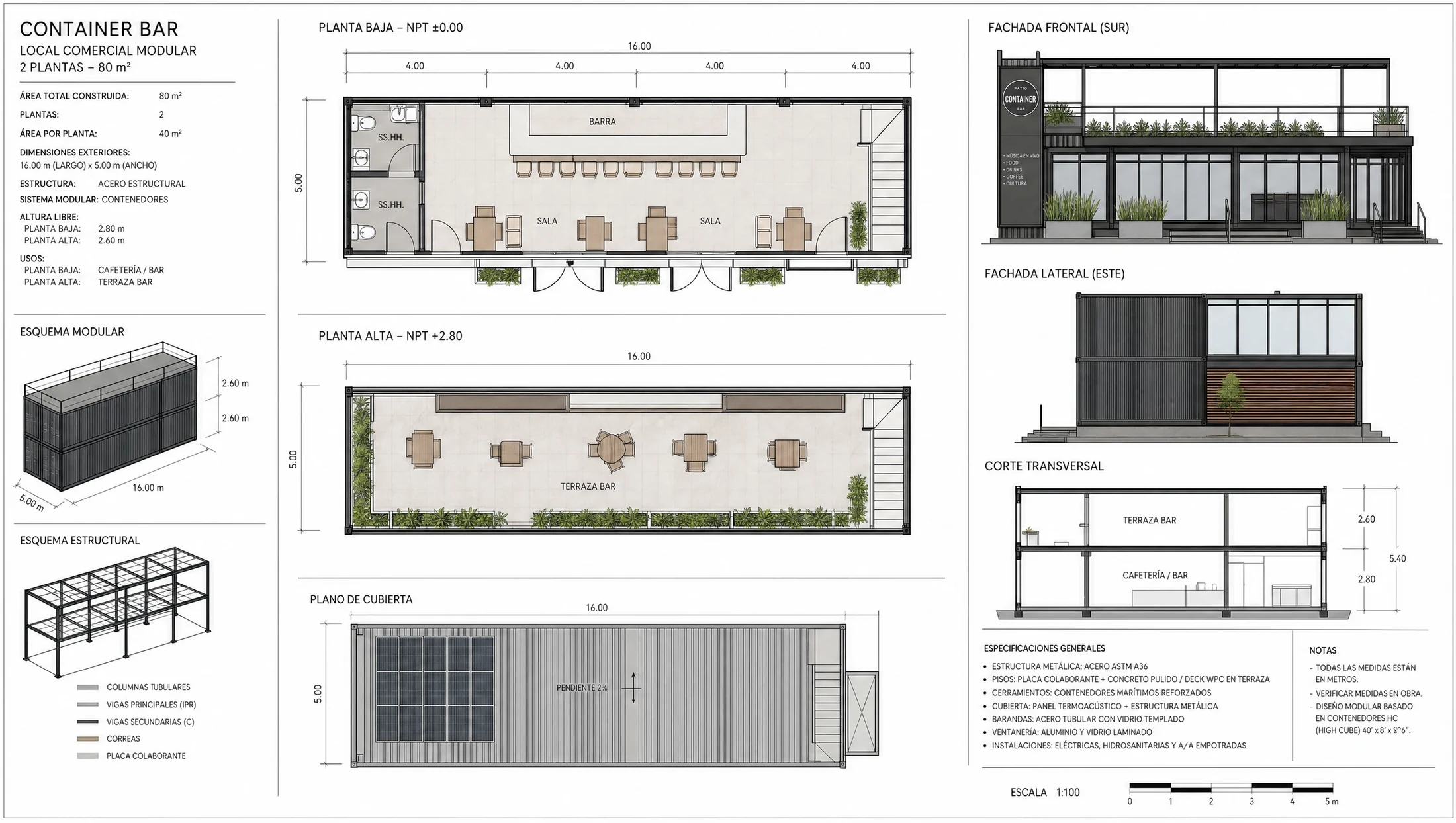 Plano de local comercial modular en metal y en container