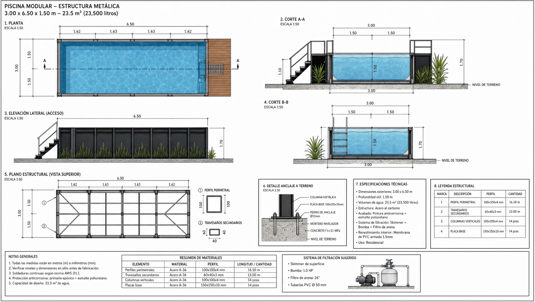 Plano de piscina modular en estructura metálica